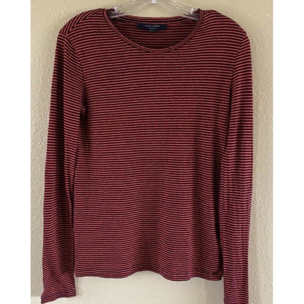 All Saints Womens Esme Red Black Stripe Long Sleeve Cotton Linen Tee Top M